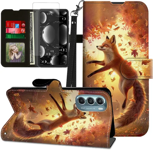 Vista 83 de Funda para Motorola Edge 2022 con protector de pantalla, soporte y tarjetero y correa para la muñeca, funda magnética para Moto Edge 2022 5G UW Lobo