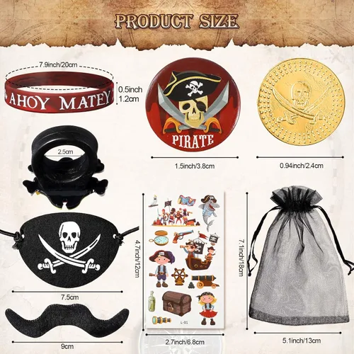 Vista 2 de 144 piezas de suministros de fiesta pirata incluyen pulsera pirata náutica tatuaje botón pin ojo parche oro moneda gema anillo bigote organza bolsa