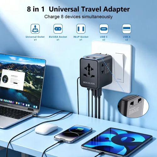 Vista 2 de Adaptador de viaje universal 7 en 1 de 17 W, 3 entradas, 2 USB-A + 2 USB-C, adaptador de corriente internacional para EE. UU. UE Reino Unido AU