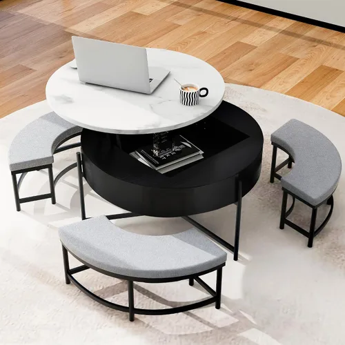 Vista 19 de Mesa de café redonda, mesa de café moderna de 31.5" con 2 cajones grandes de almacenamiento, tapa de mesa con patrón de mármol, mesa central