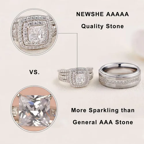 Vista 3 de Newshe Jewellery Juego de anillos de boda para él y ella, bandas de tungsteno AAAAA, circonita cúbica, 2.3 quilates, plata de ley 925, tamaño 5-13
