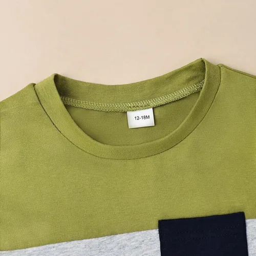 Vista 6 de DOMOABEI Ropa para bebé niño pequeño, trajes de verano de manga corta, camiseta de retazos, pantalón con bolsillo, conjunto de ropa para niños de 12