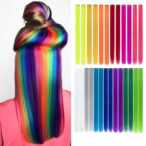Vista 19 de 20 extensiones de cabello con clip de colores para niñas, extensiones de cabello arcoíris multicolor de 20 pulgadas, reflejos instantáneos, piezas
