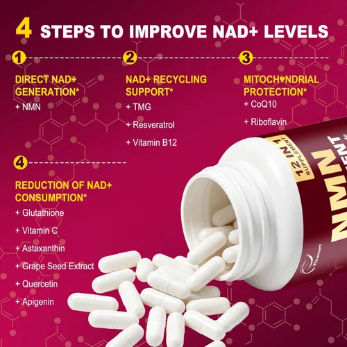 Vista 4 de Suplemento NMN 2000 mg, 120 cápsulas, 12 en 1, energía celular