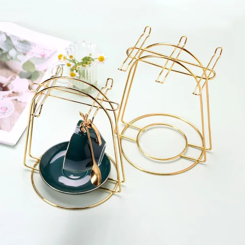 Vista 2 de Soporte de exhibición de taza de té y platillo, soporte de metal para tazas de té, soporte para tazas de té, organizador de tazas de café dorado