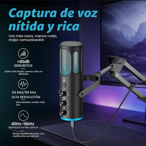 Vista 2 de Microfono para juegos, micrófono condensador USB para PC, PS4/5 y Mac, micrófono de computadora con cancelación de ruido, silencio, reverberación