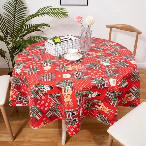 Vista 7 de Mantel de vinilo desechable con reverso de franela, impermeable, patrón de copo de nieve y reno (60 pulgadas, 2-4 asientos)