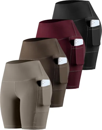 Vista 12 de CHRLEISURE - Pantalones cortos de ciclismo para mujer con bolsillos de licra, cintura alta, con control de abdomen para entrenamiento, yoga
