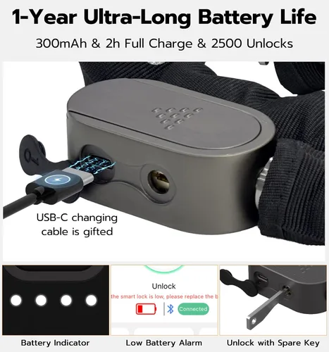 Vista 6 de Anweller Cerradura de cadena para bicicleta de huellas dactilares, resistente al robo, resistente a la intemperie, aplicación Bluetooth bloqueo