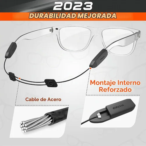 Vista 5 de SIGONNA Correa de gafas de sol con cable para hombre, cordón de cristal para mujer, 2 cordones Negro con cable
