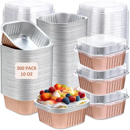 Vista 15 de Aoriher 300 piezas de moldes mini para pasteles de 10 onzas con tapas, moldes de papel de aluminio para hornear, moldes cuadrados desechables