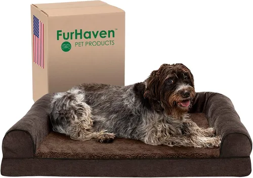Vista 21 de Furhaven Cama para perro, de espuma viscoelástica, estilo sofá, Sherpa y chenilla, crema, M