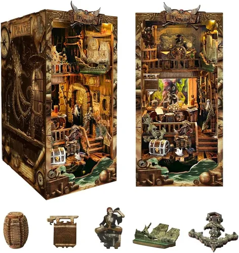 Vista 10 de Kit de rincón de libros con luces LED, casa de muñecas en miniatura 3D, rompecabezas de madera para adultos, decoración de sujetalibros, ideal