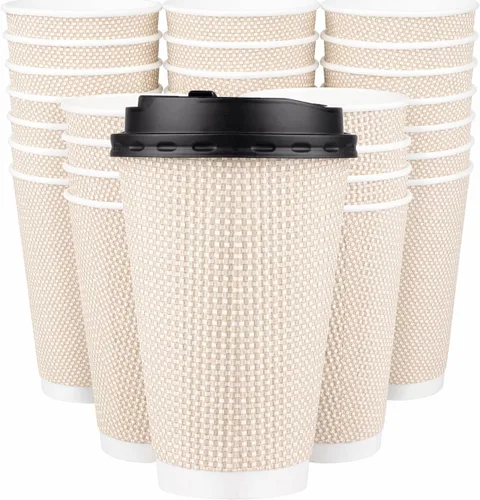 Vista 11 de Promora Tazas de café desechables marrones con tapas de 8 onzas, tazas de papel onduladas de papel aislado premium para café caliente, taza de café