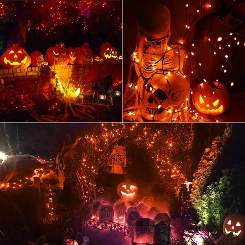 Vista 4 de Brizled Luces de Halloween para exteriores, 72 pies, 200 luces LED naranjas conectables para interiores, 8 modos de luces naranjas de Halloween