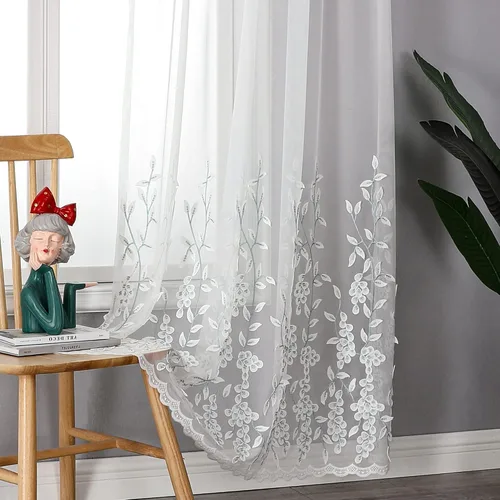 Vista 43 de VISIONTEX 2 paneles de cortinas traslúcidas de 63 in de largo, cortinas de gasa semitransparentes bordadas con hojas florales beige, bolsillo