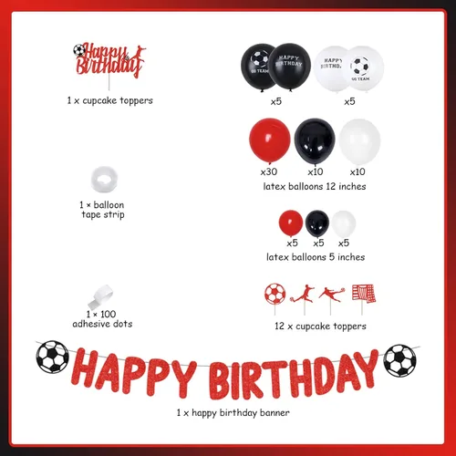 Vista 5 de Decoraciones de fiesta de cumpleaños de fútbol, decoración de fiesta temática de fútbol, kit de guirnalda de globos rojos y negros, pancarta