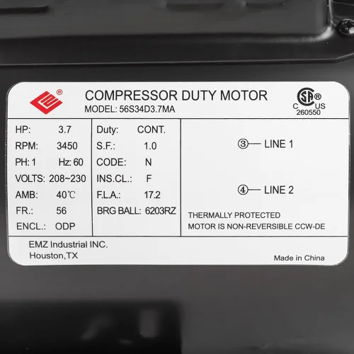 Vista 7 de 3.7 HP 3450 RPM, marco 56, 230V, 17.2Amp, eje de 5/8", motor de compresor de aire monofásico NEMA