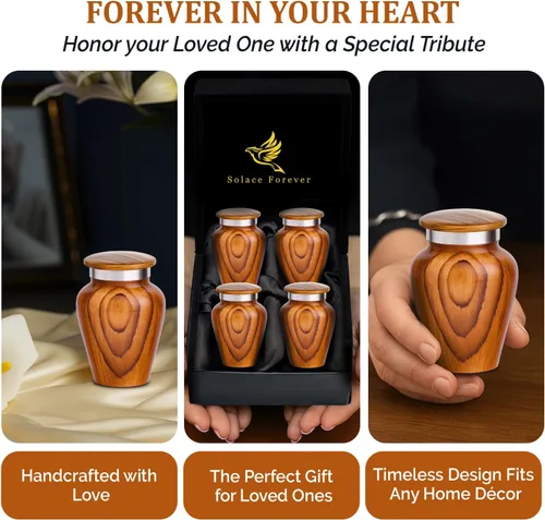 Vista 7 de Urnas Pequeñas con Estampado de Madera Metálica para Recuerdo de Cenizas Humanas - Mini Urna para Cenizas de Adultos Hombres y Mujeres - Juego