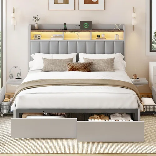 Vista 9 de BRELTAM Base de cama Queen con cabecero, 4 cajones de almacenamiento y escritorio ajustable integrado, estación de carga, fácil montaje, no necesita