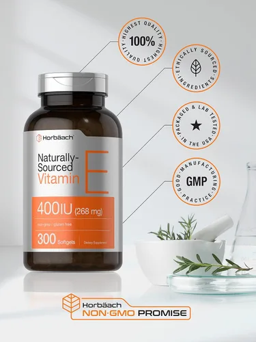 Vista 5 de Horbäach Suplemento de vitamina E 400 UI (268 mg) 300 cápsulas de cápsulas blandas D-alfa tocoferol Fórmula sin OMG y sin gluten