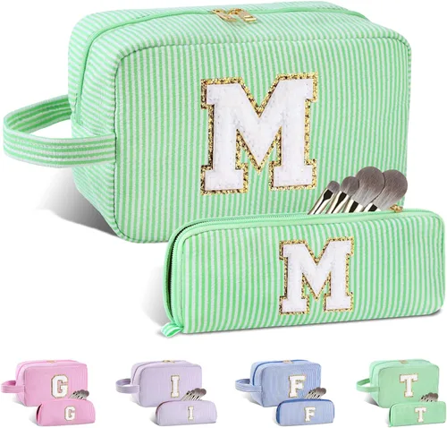 Vista 57 de Bolsa de maquillaje personalizada con inicial A-Z para mujeres, niñas y niños, bolsa de aseo de viaje, bolsa de maquillaje preparada, bolsa