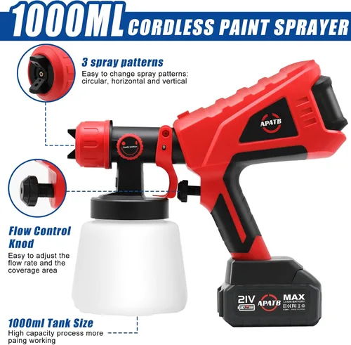 Vista 3 de Pulverizador de pintura inalámbrico con 2 baterías, pistola de pintura eléctrica HVLP con recipiente de 33.8 fl oz, 5 boquillas de cobre y 3