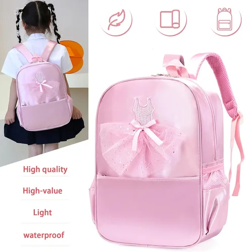Vista 3 de Mochila de nailon para niñas, bolsa de almacenamiento de ballet rosa, decoración de lentejuelas, bolsa de escuela para niños, Rosado, Fresco y dulce