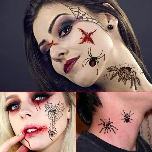 Vista 4 de YOKSAS Calcomanías de tatuaje temporal de araña 3D de terror de Halloween, 12 hojas de tatuajes de maquillaje facial para niños y adultos