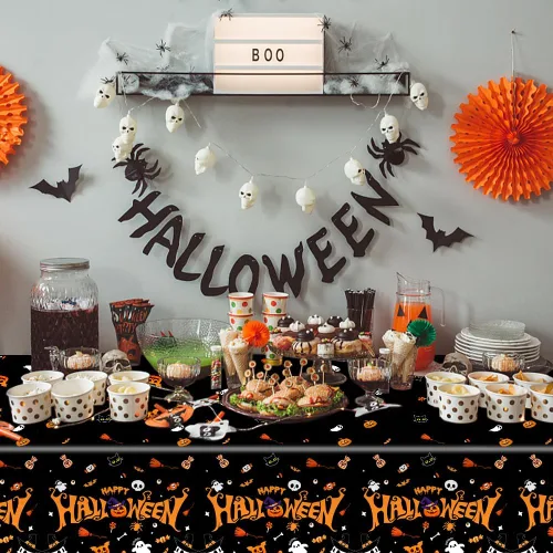 Vista 6 de Labeol Paquete de 3 manteles de Halloween, 108 x 54 pulgadas, manteles de Halloween negros, desechables, impermeables, de plástico, rectangular