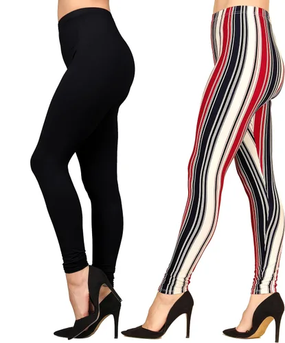 Vista 2 de Lildy - Leggings súper suaves lisas e impresas para mujer, elásticas sin transparencias Rayas negras y rojas/paquete de dos negras