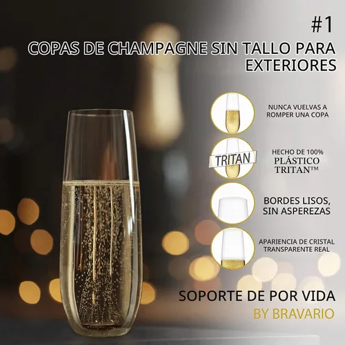 Vista 3 de Bravario Copas de champán de plástico irrompibles sin tallo, vasos de plástico 100% Tritan inastillables, reutilizables, sin BPA, 8.5 onzas, juego