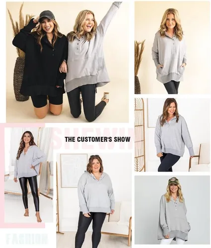Vista 4 de SHEWIN Sudadera de gran tamaño para mujer, casual, con botones, cuello en V, con bolsillo