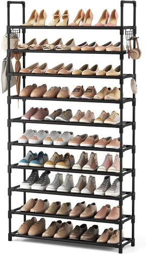 Vista 15 de VTRIN - Estantería alta de 10 niveles para zapatos, con capacidad para 20-25 pares de zapatos, organizador vertical resistente con 18 ganchos