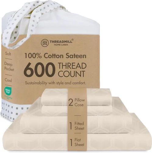Vista 34 de Threadmill Sábanas de tamaño matrimonial, 100 % algodón puro de 600 hilos, 4 piezas, damasco, gris oscuro, calidad de hotel, sábanas de algodón