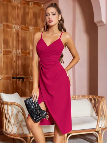 Vista 2 de Missufe Vestido de cóctel para mujer, con cuello en V, sin mangas, fruncido, entallado, con abertura, para verano, fiesta, cóctel