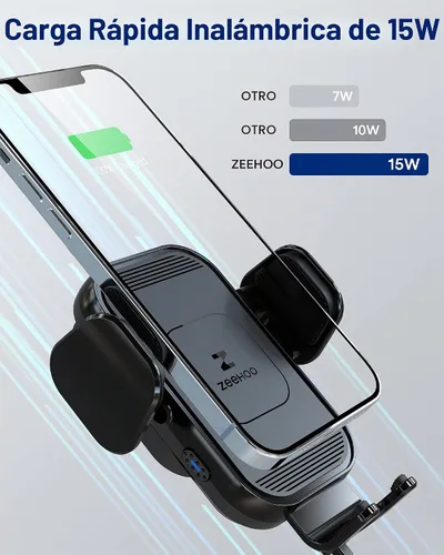 Vista 2 de ZeeHoo Cargador inalámbrico para automóvil, carga rápida de 15 W, soporte de teléfono de auto con sujeción automática, cargador de teléfono celular