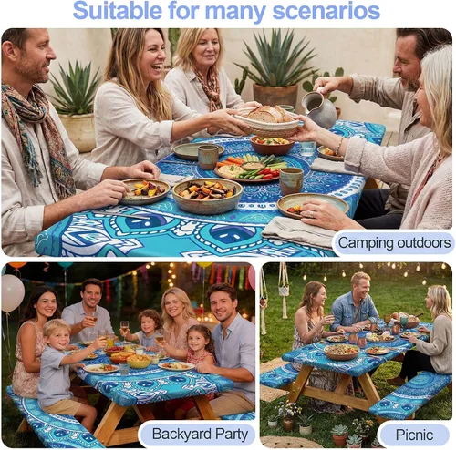 Vista 7 de Funda de mesa de picnic con fundas para bancos Esenciales de camping Mantel de picnic impermeable y a prueba de viento con bolsa de cordón, funda