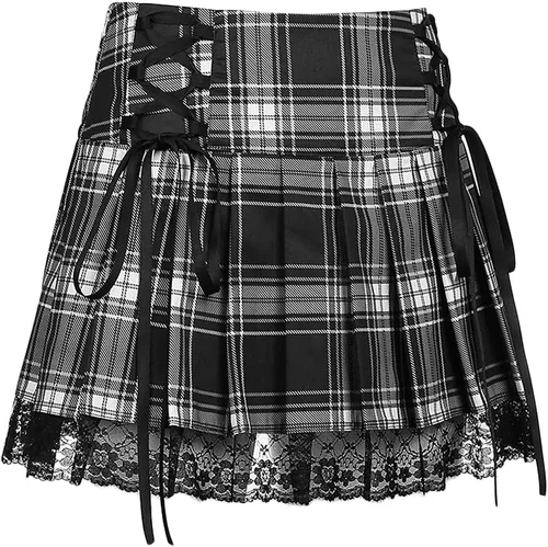 Vista 3 de SFBBCLOZ 2 Piece School Girl Outfit Costume For Women Rave Outfit One-Shoulder Vest Top and Lace Plaid Skirt Set For Women