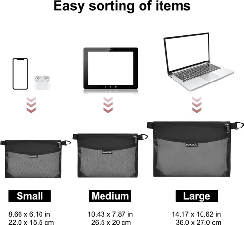 Vista 3 de Bagail Bolsa ultraligera con cremallera Bolsas de embalaje de viaje para artículos de tocador, documentos, electrónica-Negro Set