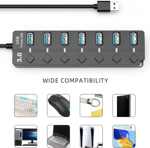 Vista 7 de Concentrador USB para laptop, divisor de concentrador USB 3.0 de 7 puertos SNLLMZI con interruptores y luces individuales de encendido/apagado