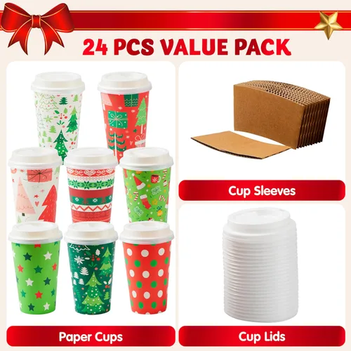 Vista 2 de JOYIN 24 vasos de papel desechables de Navidad, vasos de fiesta de Navidad de 16 onzas con mangas y tapas, 8 diseños de vasos de café de Navidad