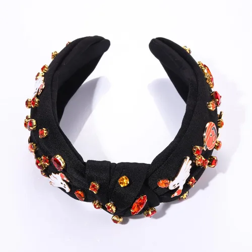 Vista 7 de Diadema de Halloween morada espeluznante con cuentas anudadas para mujer, perlas brillantes, calabaza, araña, murciélago, esqueleto, fantasma, nudo