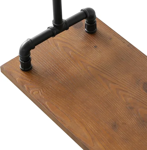 Vista 6 de Estante de ropa de tubería industrial, Perchero de madera, Estante de ropa rodante Iron Clothing Hanging Rod with Shelves, Wheels and Hangers