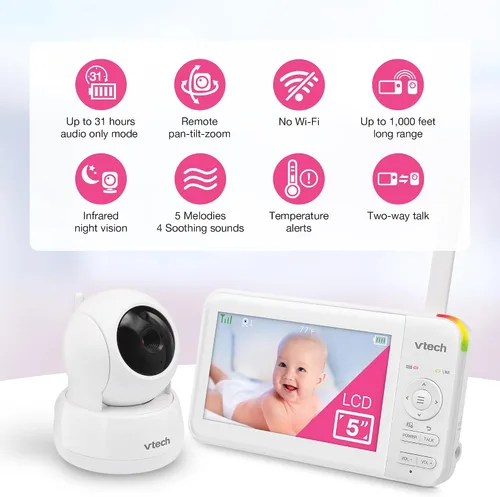 Vista 2 de VTech Monitor de video para bebés con pantalla LCD de 5 pulgadas, hasta 17 horas de video y 31 horas de duración de batería de audio, visión