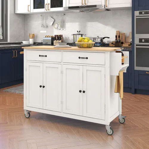 Vista 23 de Delicate Rolling Kitchen Island Cart with Rubber Wood Drop-Leaf Countertop and Lockable Rollers,Storage Cabinet and 2 Drawers,Sliding Barn Door