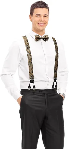 Vista 2 de HISDERN Floral Paisley Suspenders and Bow Tie for Men Strong 6 Clips Adjustable Suspender Self Bowtie Pocket Square Set