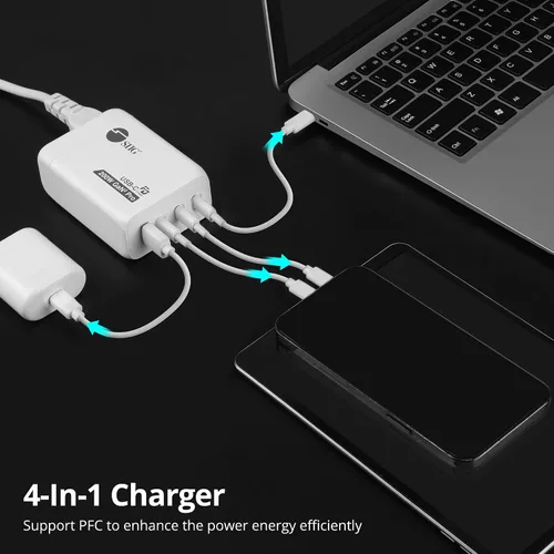 Vista 4 de SIIG Cargador GaN USB-C PD de 4 puertos de 200 W, AC-PW1V11-S1 Carga 4 dispositivos con salida total de 200 W; diseño GaN y USB-C PD admiten carga