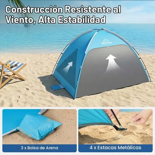 Vista 8 de Wolfwise Tienda de playa Refugio de sol portátil, Cabaña estándar de la Shade Beach Essentials, protección UV UPF 50+ y fácil instalación, ventanas
