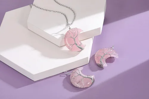 Vista 2 de MANIFO Collar de cristal curativo, árbol de la vida, con alambre envuelto en luna creciente, piedras preciosas con cristales y piedra para mujer